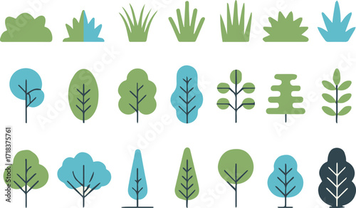 stylized plant and tree illustration set with bushes grass clumps and geometric foliage for nature design