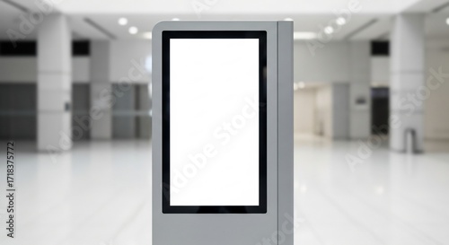 Modern digital signage display with a blank white screen standing in an empty, bright corporate lobby interior.