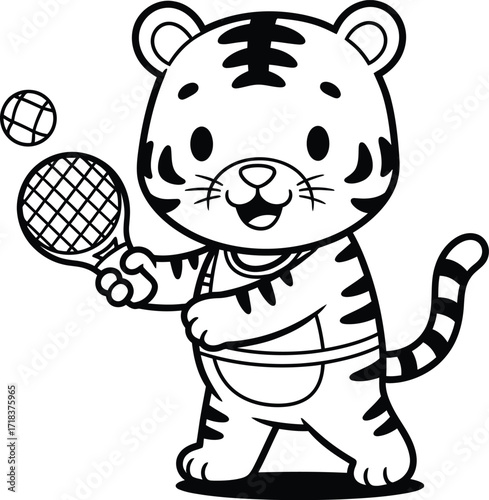 Cute cartoon tiger playing tennis with racket and ball adorable animal sport illustration silhouette