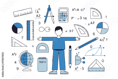 colorful math classroom educational vector artwork featuring geometry tools equations and math symbols background