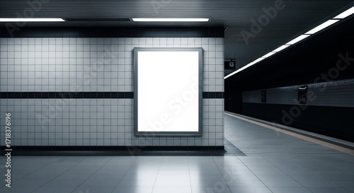 Modern Empty Subway Station Platform with Blank Illuminated Billboard Display on Tiled Wall Ready for Ad Mockup