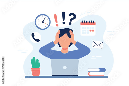 time pressure and communication overload in office setting vector illustration with stressed person and icons