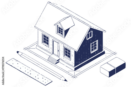 isometric architectural house blueprint vector design with pencil ruler eraser construction lines for building planning
