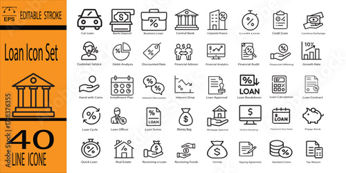 Loan & Finance Outline Vector Icons Bundle with Money, Bank, Credit Score, and Mortgage for Banking and Business, Editable EPS Stroke Vector

