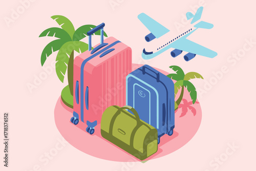 travel luggage airplane vector illustration palm trees holiday icon