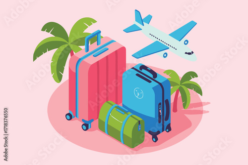 vacation travel suitcase and airplane vector with tropical palm tree design