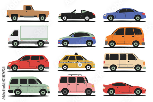 flat vector transport icons of pickup truck sedan convertible sports car suv van minivan taxi illustration set
