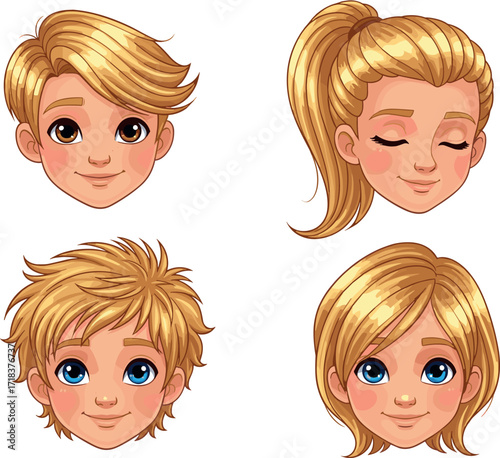 Cartoon children faces with various blond hairstyles and expressions, cute vector portraits for kids content, character design, education, emotions