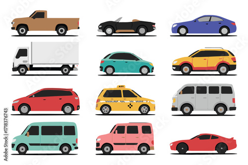 vector side profile vehicle collection with diverse cars trucks taxis suvs minivans for transport and automotive design