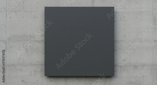Modern minimalist dark gray blank sign board mounted on textured concrete wall with ample copy space for branding