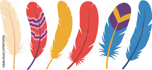 colorful stylized feather vector set six decorative bird feathers for design decoration and boho creative projects