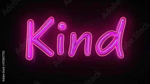 A neon sign illuminates the word Kind with a vibrant and inviting glow, set against a dark backdrop to emphasize its message. Stock Image.