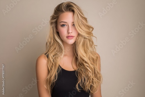 Beautiful young woman with long wavy blonde hair wearing a black sleeveless top.