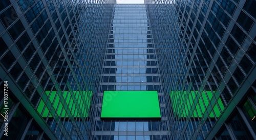 Modern Skyscrapers with Blank Green Screens on Reflective Glass Facades in an Urban Cityscape View