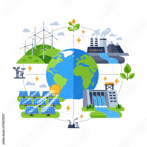 Vibrant eco-friendly energy sources powering the globe with solar panels, wind turbines, hydroelectric dam, and biofuel for a sustainable future