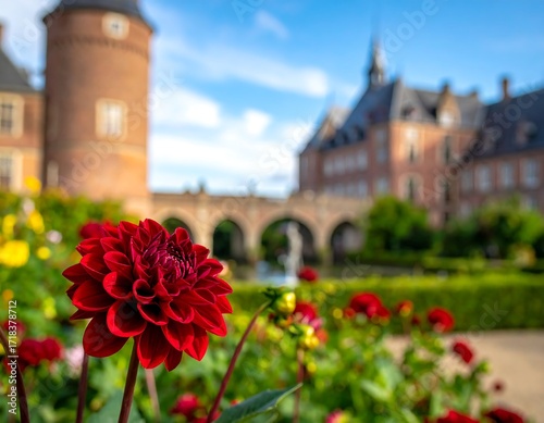 Red Dahlia in a Garden
