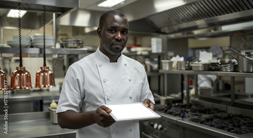Professional Black male chef in a modern commercial restaurant kitchen holding a blank white digital tablet ready for a recipe.