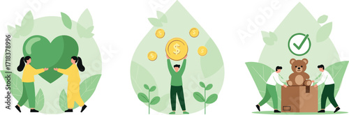 Charity donation, financial growth, and environmental care concept with people, heart, coins, teddy bear, and nature-themed background illustration