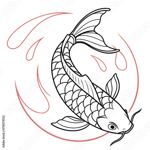 Illustration of a single koi fish swimming gracefully, with detailed scales and fins, surrounded by water splashes, creating a sense of movement and energy