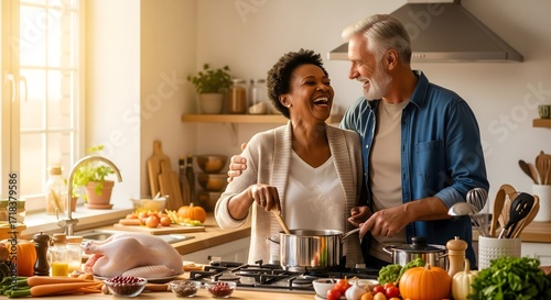 Joyful Senior Couple Cooking a Holiday Meal Together in a Modern Kitchen