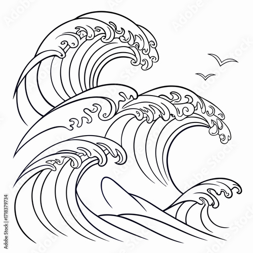 Vector art of a captivating line art illustration showcases the majestic power of ocean waves, with graceful curves and dynamic energy, two birds are flying above the waves