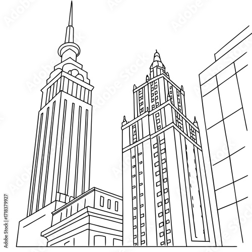 Vector art of a line drawing of skyscrapers in a city, capturing the architectural grandeur and urban landscape the illustration showcases the towering buildings and their unique designs