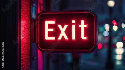 An illuminated Exit sign guides the way in a captivating, urban nightscape, symbolizing escape and forward motion, with a neon glow. Stock Image.