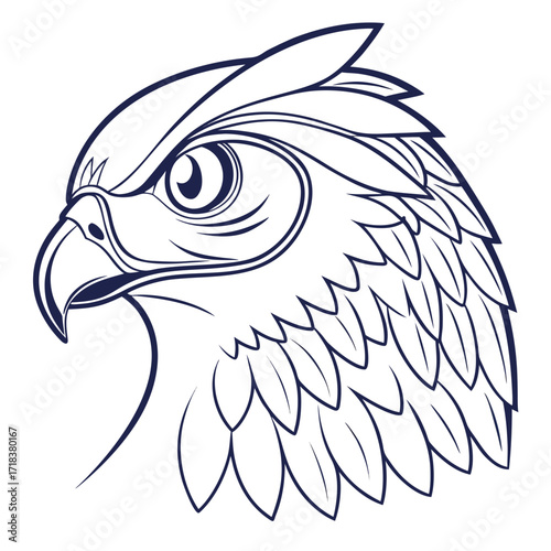 Vector art of a striking line art illustration showcases the majestic head of an owl, with intricate feather details and piercing gaze, the owls features are sharp and distinct