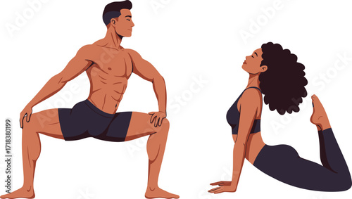 Yoga pose illustration, mindfulness practice, indoor exercise, body strength, flexibility stretch, calm energy, wellness lifestyle, physical balance, flat design, healthy movement