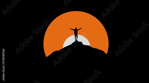 Silhouette of person atop a mountain with a sunrise or sunset in the background