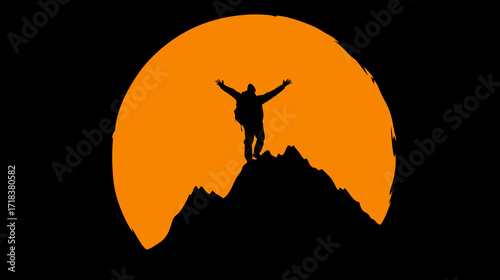Person silhouetted atop a mountain peak with arms raised against an orange background