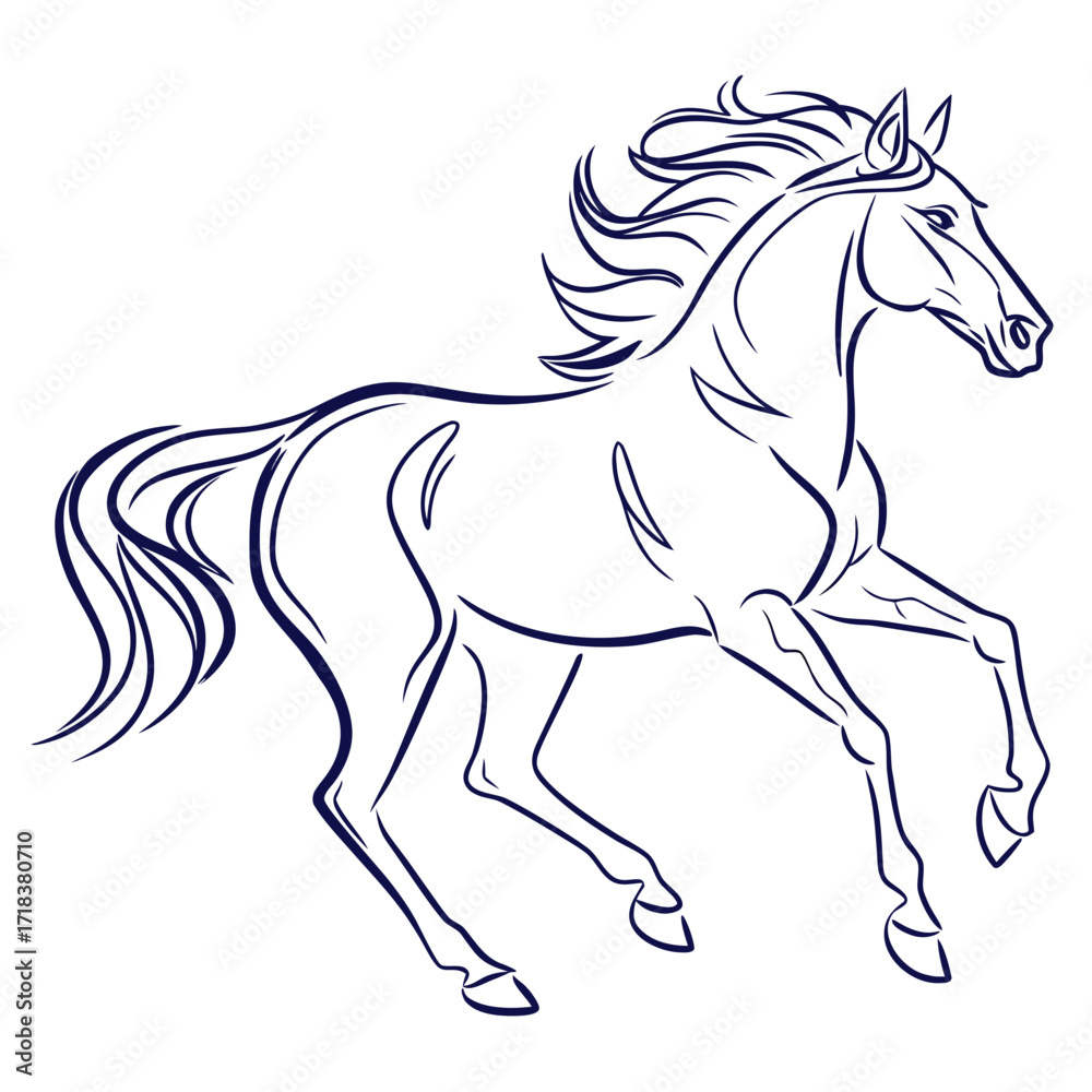 Obraz premium Vector art of elegant line art illustration of a horse in motion, , showcasing its graceful form and dynamic energy with flowing mane and tail, perfect for equestrian themes and minimalist designs