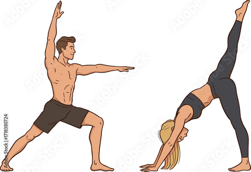 Yoga pose illustration, Warrior posture, Downward Dog variation, fitness lifestyle, body strength, flexibility, mindfulness, indoor exercise, flat design, healthy movement