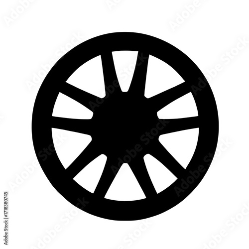 Black and white illustration of a spoked wheel design suitable for logos and graphic design projects with a simple and modern aesthetic