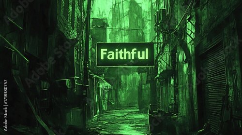 An enigmatic street scene exudes an aura of solemnity, a sign bearing the word Faithful hints at resilience amid a desolated environment. Stock Image.