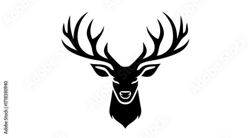Stylized deer head, black silhouette with intricate antlers, isolated on white background