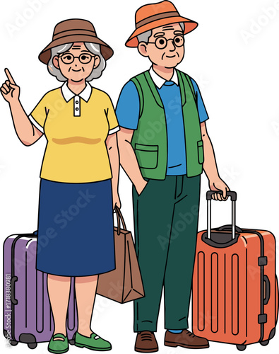 Elderly couple traveling with luggage, enjoying vacation adventure, dressed in casual clothes, cheerful senior tourists exploring holiday destination together.