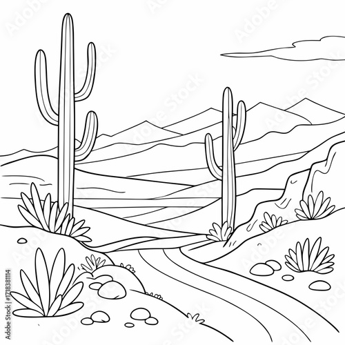 Vector art of serene desert landscape unfolds with towering saguaros, winding road, and distant mountains, a tranquil scene of natures beauty and the open roads allure