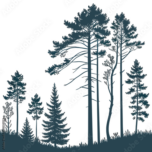 Vector art of silhouette of various pine trees in different sizes and shapes, creating a serene forest scene the trees are depicted with intricate details, showcasing their branches and needles
