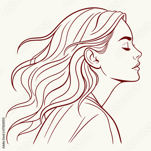 Vector art of sophisticated line art illustration of a womans profile with flowing hair, conveying a sense of grace and tranquility perfect for beauty, fashion, and wellness themes