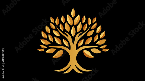 Golden tree with leafy crown on a black background, graphic, stylized, and ornamental