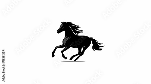 Silhouette of a horse rearing, running across a white background with a shadow detail