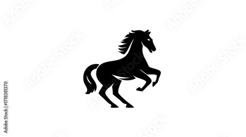 Silhouette of a horse rearing up on its hind legs, isolated on a white background