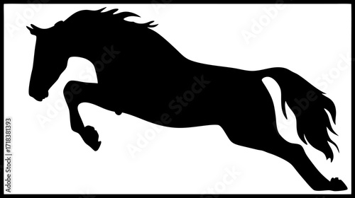 Leaping black silhouette of a horse on white background framed with black border