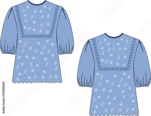 Flat sketch of a blue women’s blouse with classic collar, long sleeves, and floral pattern on the fabric. Technical fashion vector illustration for casual or office wear. 