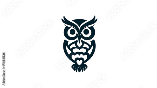 Stylized dark blue owl vector graphic with decorative feather and heart details