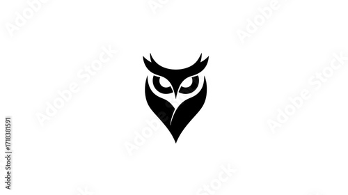 Black, stylized owl with pointy ears and sharp face, on a white background