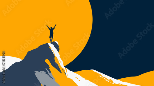 Silhouette of person on mountain peak with arms raised against a yellow and blue sky