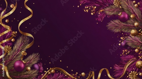 Elegant Christmas Decoration with Festive Ornaments, Golden Ribbons, and Lush Greenery on a Rich Purple Background Perfect for Holiday Celebrations