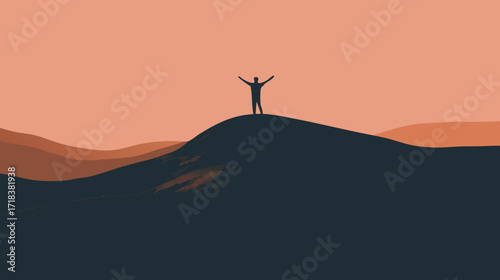 Silhouette of a person on a hilltop, against a sunset-colored sky and layered hills